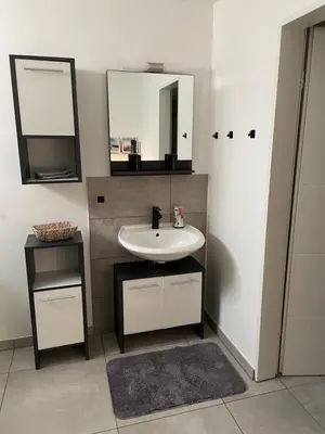 Ein Badezimmer in der Unterkunft Apartment mit Garten und Pool in Ostseenähe