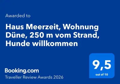 Ein Zertifikat, Auszeichnung, Logo oder anderes Dokument, das in der Unterkunft Haus Meerzeit, Wohnung Düne, 250 m vom Strand, Hunde willkommen ausgestellt ist