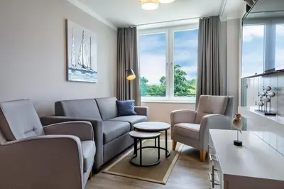 Ein Sitzbereich in der Unterkunft Godewindpark Exklusives Apartment 3-14 luxuriös & hundefreundlich