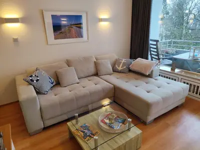 Ein Sitzbereich in der Unterkunft Ferienwohnung Timmestrand