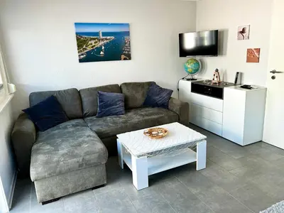 Ein Sitzbereich in der Unterkunft Haus Seeblick Ferienhaus Priwall