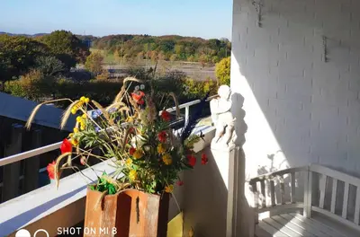 Ein Balkon oder eine Terrasse in der Unterkunft ZUM WOHLFÜHLEN FERIENWOHNUNG FÜR MAX 5 ERWACHSENE und 1 Kind, Schwimmbad vor der Tür, Tiere erlaubt