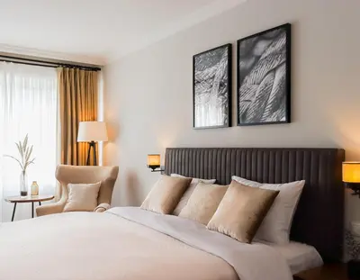 Ein Bett oder Betten in einem Zimmer der Unterkunft Moderne 1 Zimmer Ferienwohnung im Landhaus Haffkrug mit Terrasse, Gartenblick und Parkplatz in ruhiger Lage