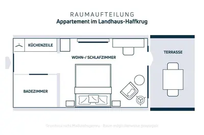 Grundriss der Unterkunft Hochwertige Ferienwohnung in ruhiger Lage mit eigener Terrasse und Parkplatz, nur 7 Gehminuten zum Strand entfernt - hoher Schlafkomfort dank Boxspringbett